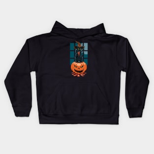 Halloween black cat witch on a pumpkin Kids Hoodie